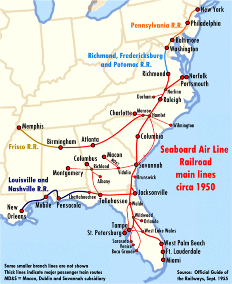 Schematic map of Seaboard Air Line Railroad lines, 1950