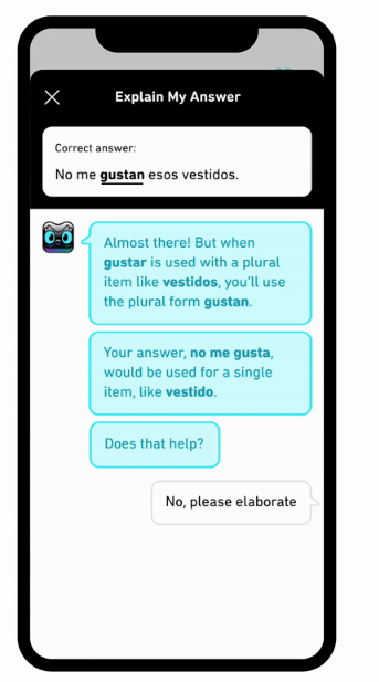 Duolingo's Explain My Answer feature in action