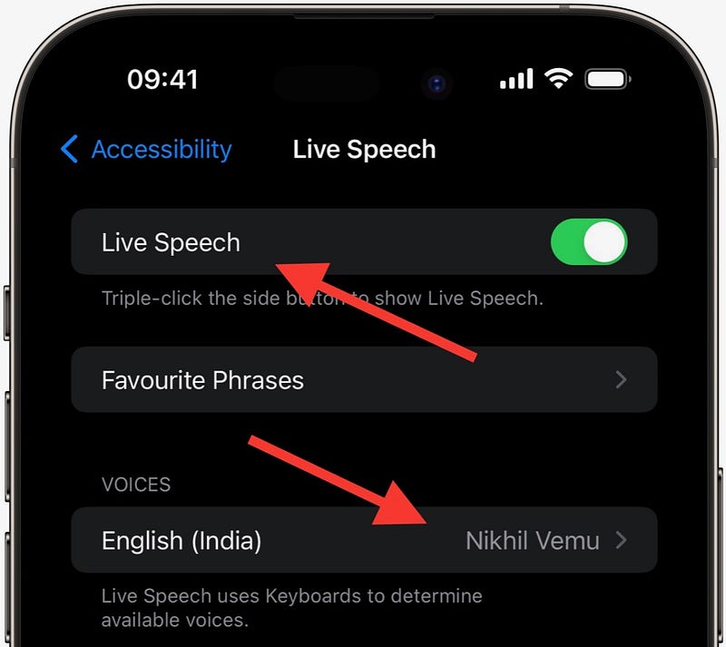 Activating Live Speech option