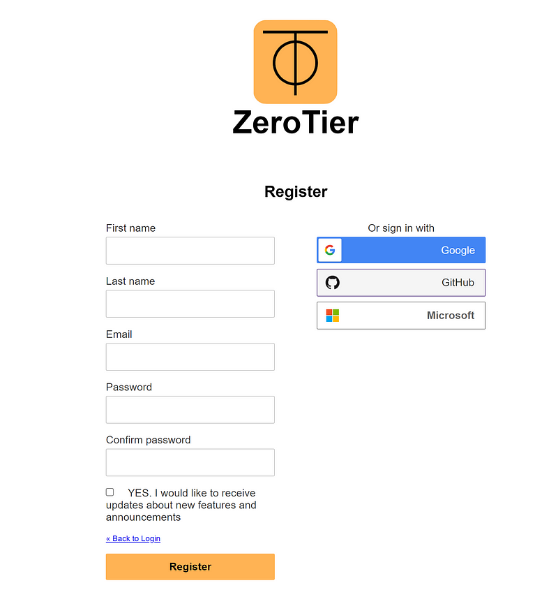 ZeroTier registration page