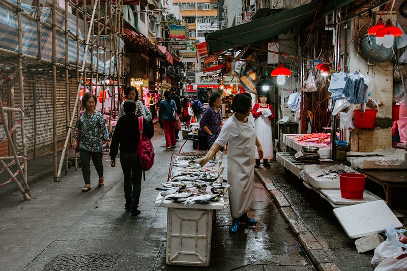 A bustling fish market in Hong Kong