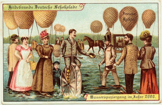 Postcard showing people walking on water with balloons