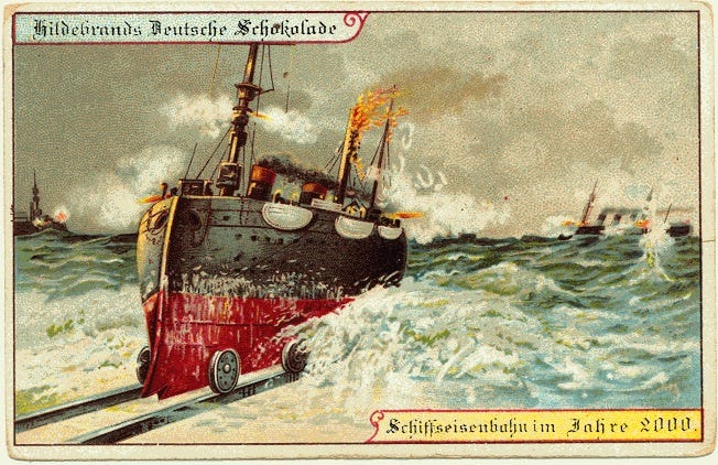 Postcard of a ship on underwater rails