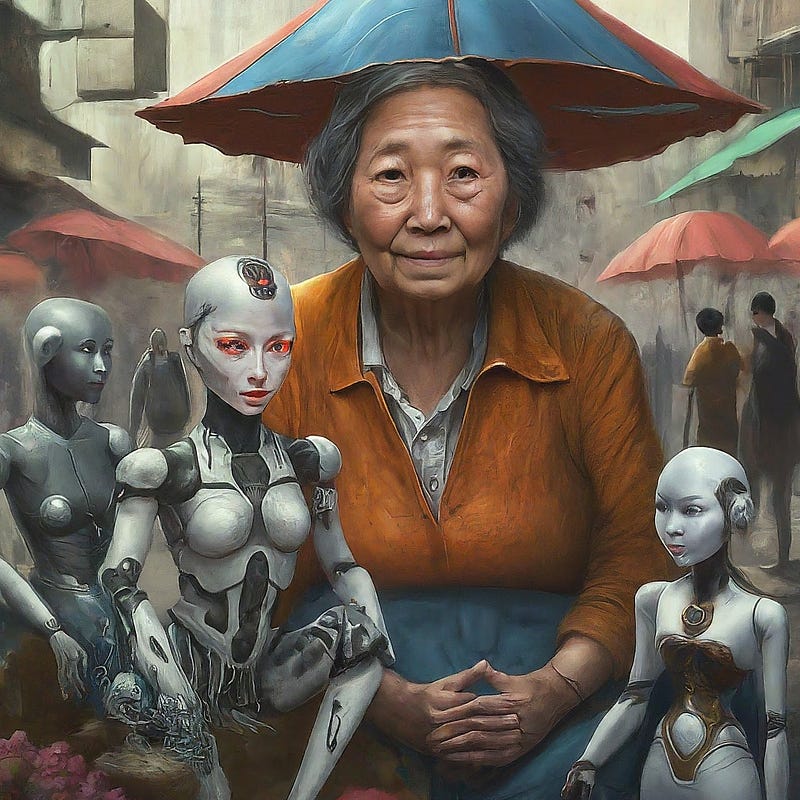 An old woman renting androids in the market