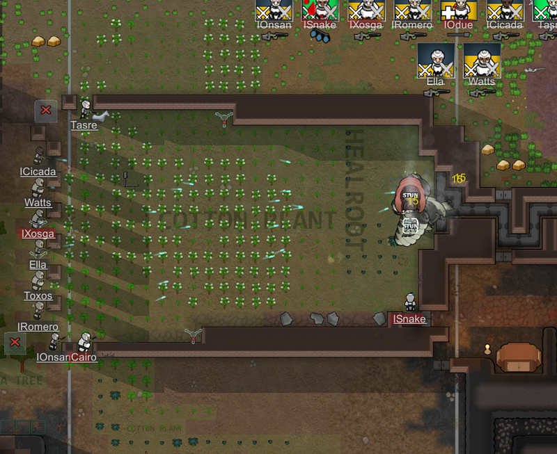 Screenshot of the colony's defense against a mech attack.