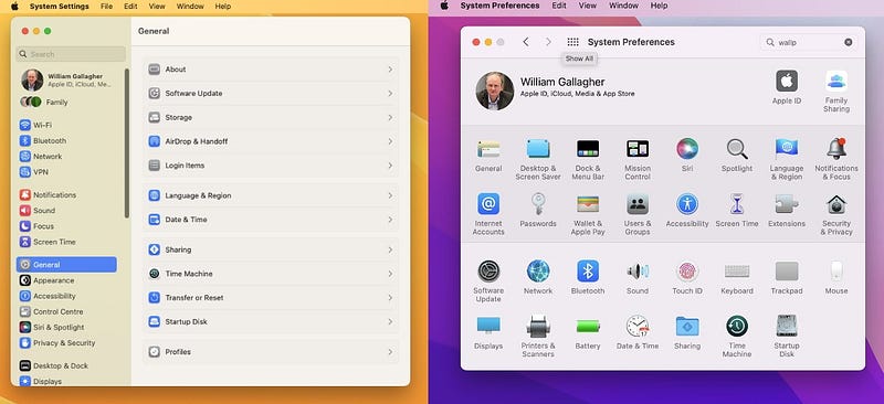 Comparison of old and new macOS System Preferences UI