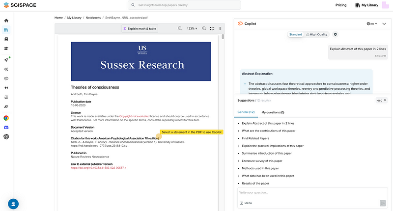 Inquiry options for mathematical content in SciSpace