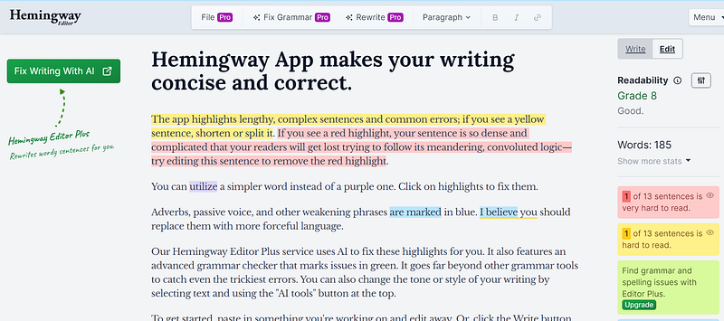 Hemingway Editor interface displaying readability features