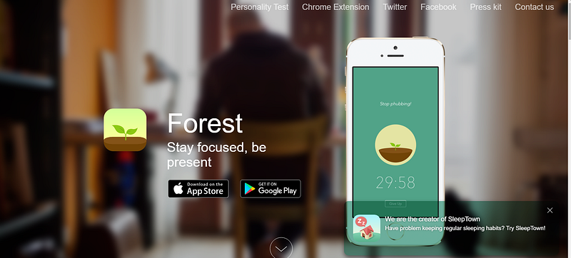 Forest app interface promoting productivity