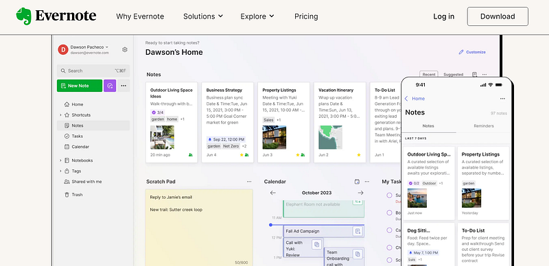 Evernote interface for note-taking and organization