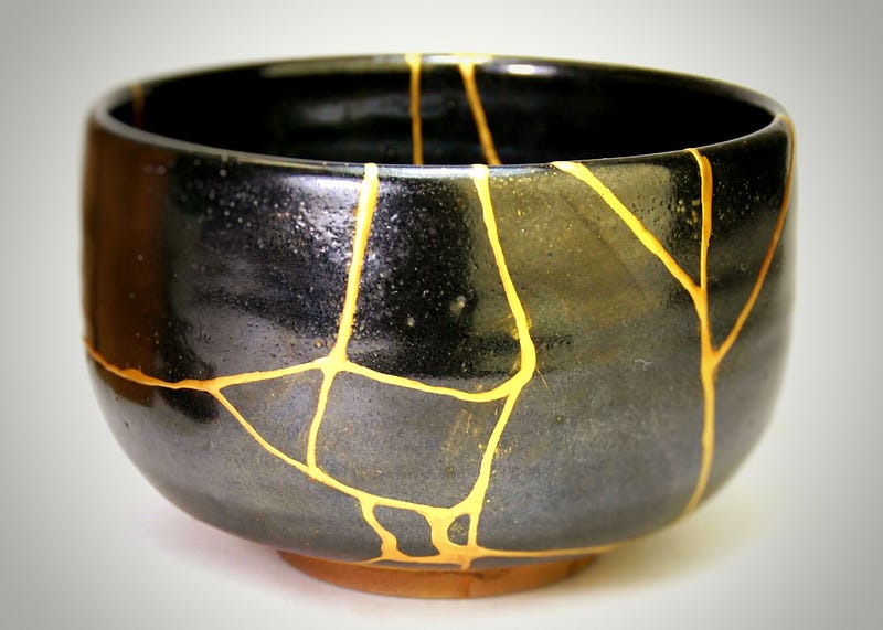 Beautifully repaired pottery with Kintsugi art