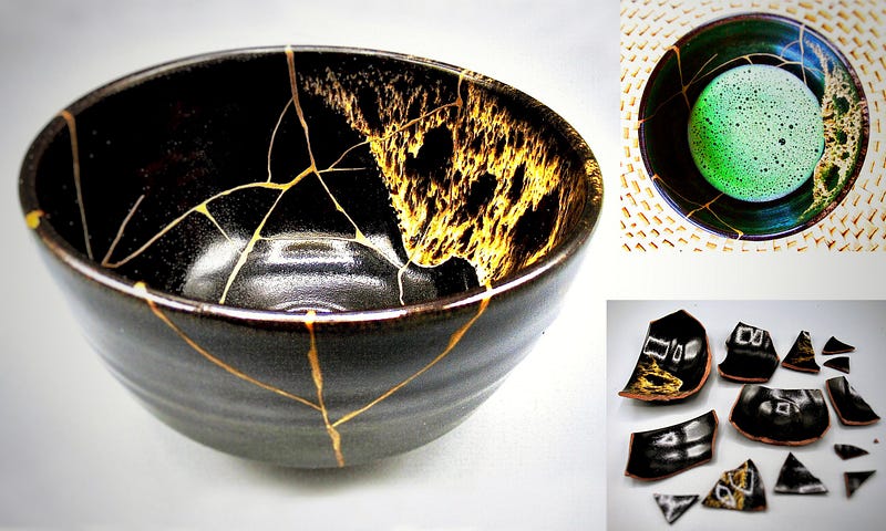 Kintsugi repaired bowl reflecting beauty in flaws